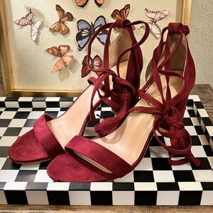 Allegra K Burgundy Suede Lace-Up Heels